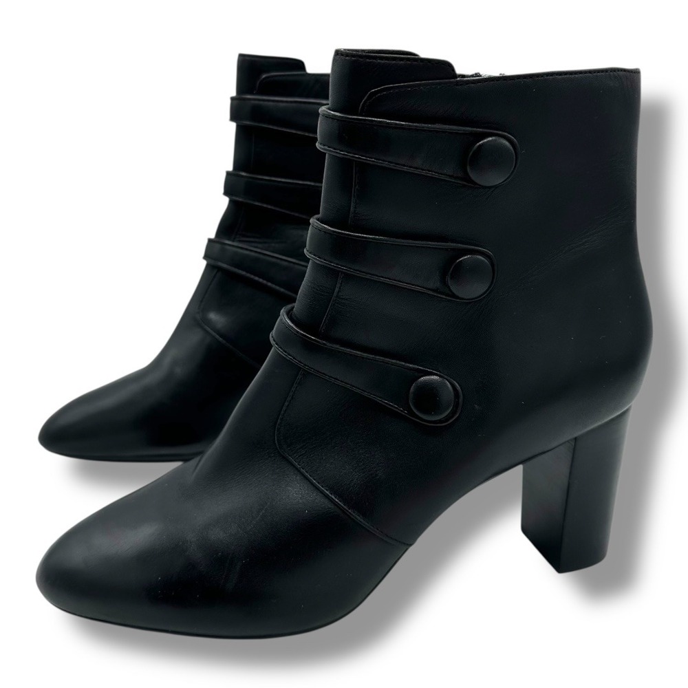 Clarks Black Leather Ankle Boots Women's Sz 10 Side Zip Buckle Detail Block Heel